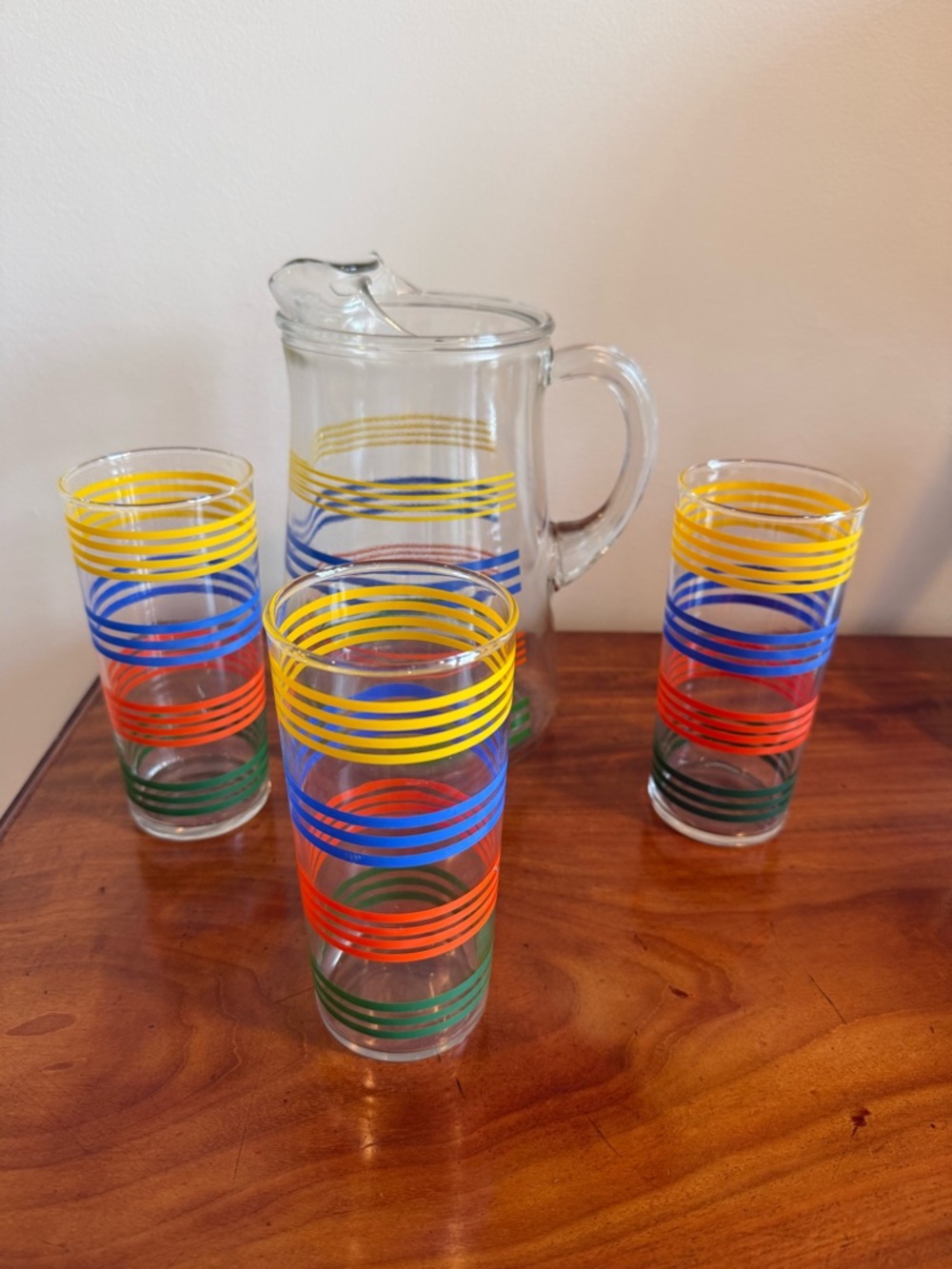 Vintage Anchor Hocking Rainbow Stripe Fiesta Band Glass Pitcher and Tumbler Set